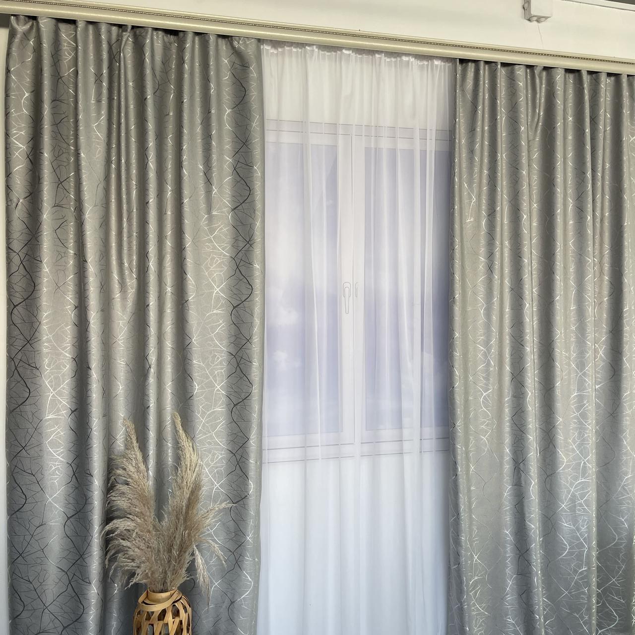 Штори льон "бите скло" світло-сірі  з білим шифоновим тюлем ALBO (SHTN-M17-6), фото 1