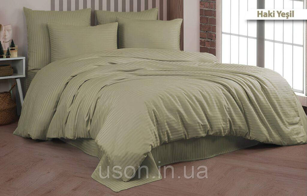 Комплект постільної білизни Cotton Shine Stripe Satin 200*220 Haki Yesili хакі, фото 1