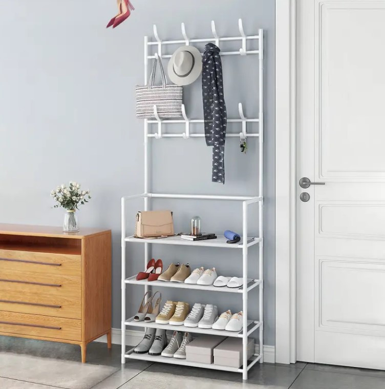 Багатофункціональна вішалка для одягу з полицями для взуття та гачками, Білий, фото 1