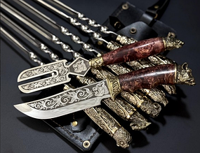 Шампура подарункові "Дикі звірі" з веделкою для зняття м'яса та ножем мисливським