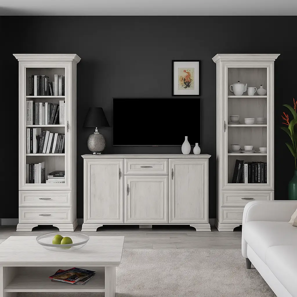 Красива модульна біла стінка під телевізор з комодом сучасна класика у вітальню зал Іріс Мебель Сервіс