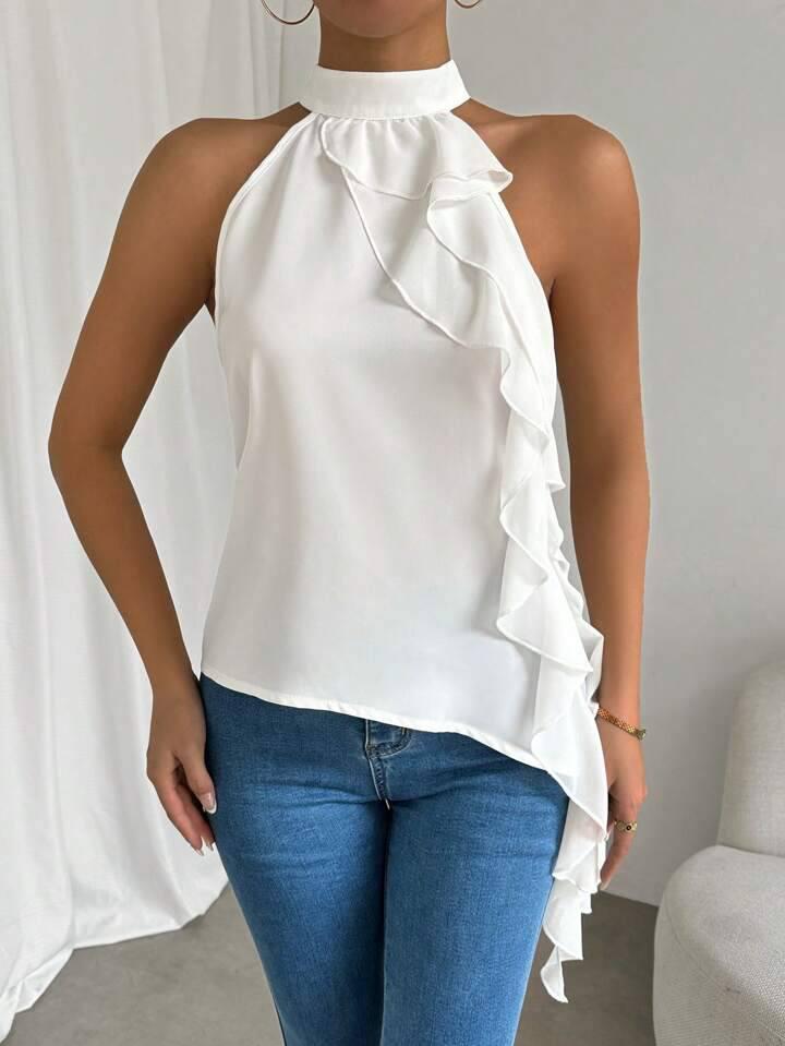 Жіноча асиметрична блуза без рукавів з воланом і коміром-стійкою (р. 42-52) 2131105, фото 1