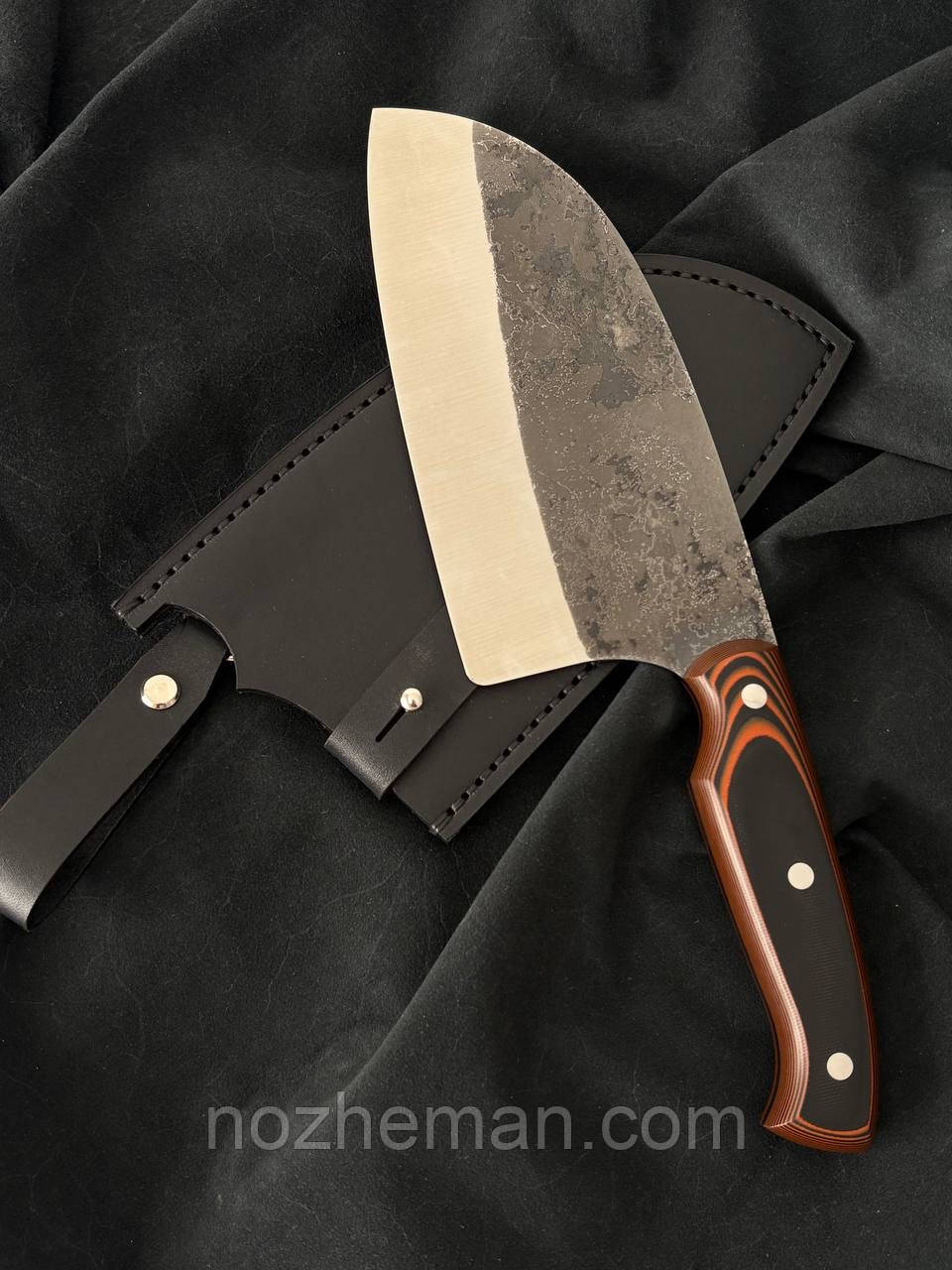 Ніж кухонний ручної роботи Серб 10 клинок зі сталі 50х14мф/57-58 HRC, сокира сікач з шкіряним чохол в комплекті, фото 1