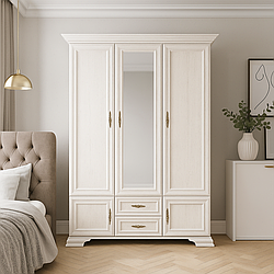 Біла розпашна з дзеркалом тридверна шафа 3Д класика 150 см для одягу в спальню Іріс Мебель Сервіс