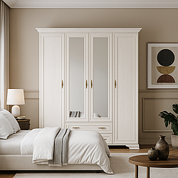 Біла розпашна чотирьохдверна шафа 4Д2Ш для одягу з дзеркалом у спальню класика Іріс 190 см Мебель Сервіс