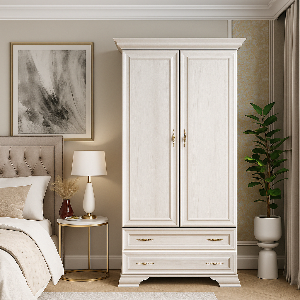 Біла розпашна дводверна міні шафа 2Д2Ш для одягу 100 см з шухлядами у вітальню прованс Іріс Мебель Сервіс, фото 1