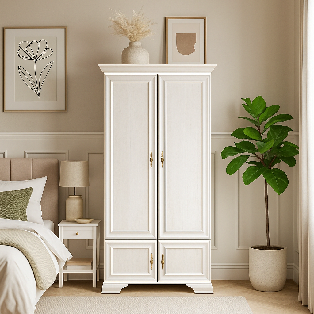 Маленька розпашна дводверна біла шафа 2Д для одягу 100 см прованс у вітальню, зал Іріс Мебель Сервіс, фото 1