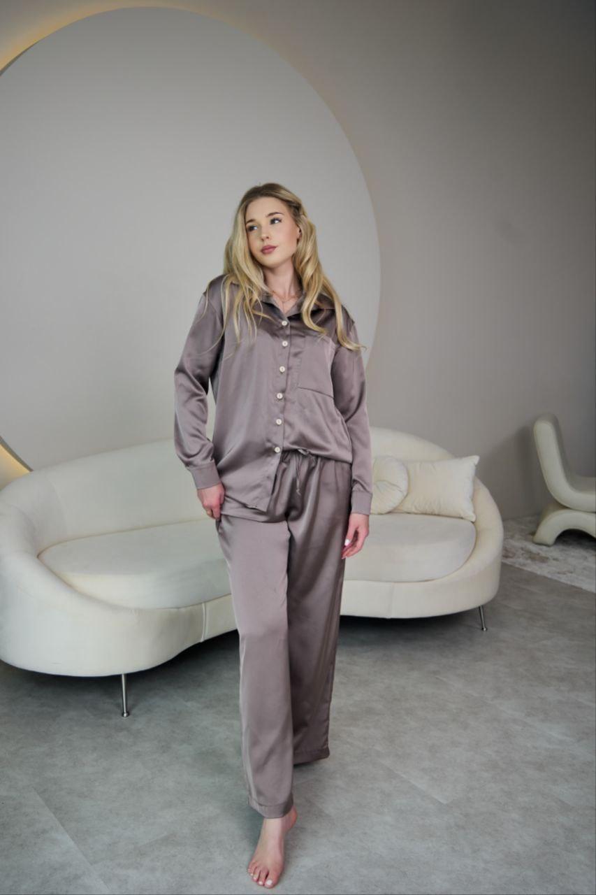 Піжама жіноча ШОВКОВА БРЮКИ ПАЛАЦО ТА СОРОЧКА S-3XL ШОКОЛАД 915, фото 1