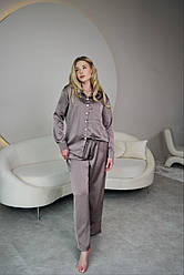 Піжама жіноча ШОВКОВА БРЮКИ ПАЛАЦО ТА СОРОЧКА S-3XL ШОКОЛАД 915