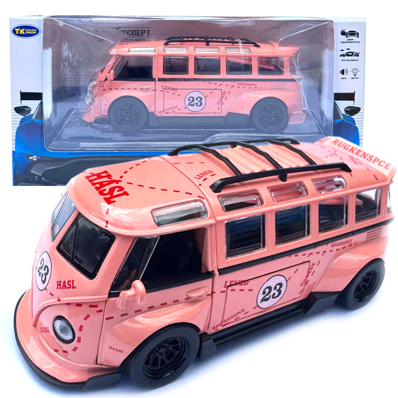 Машинка метал Volkswagen Type 2 VW кемпінг Bus брожева Фольксваген 1:32 відкр двері баг капот звук світло 14,5*6,6*5,5см, фото 1