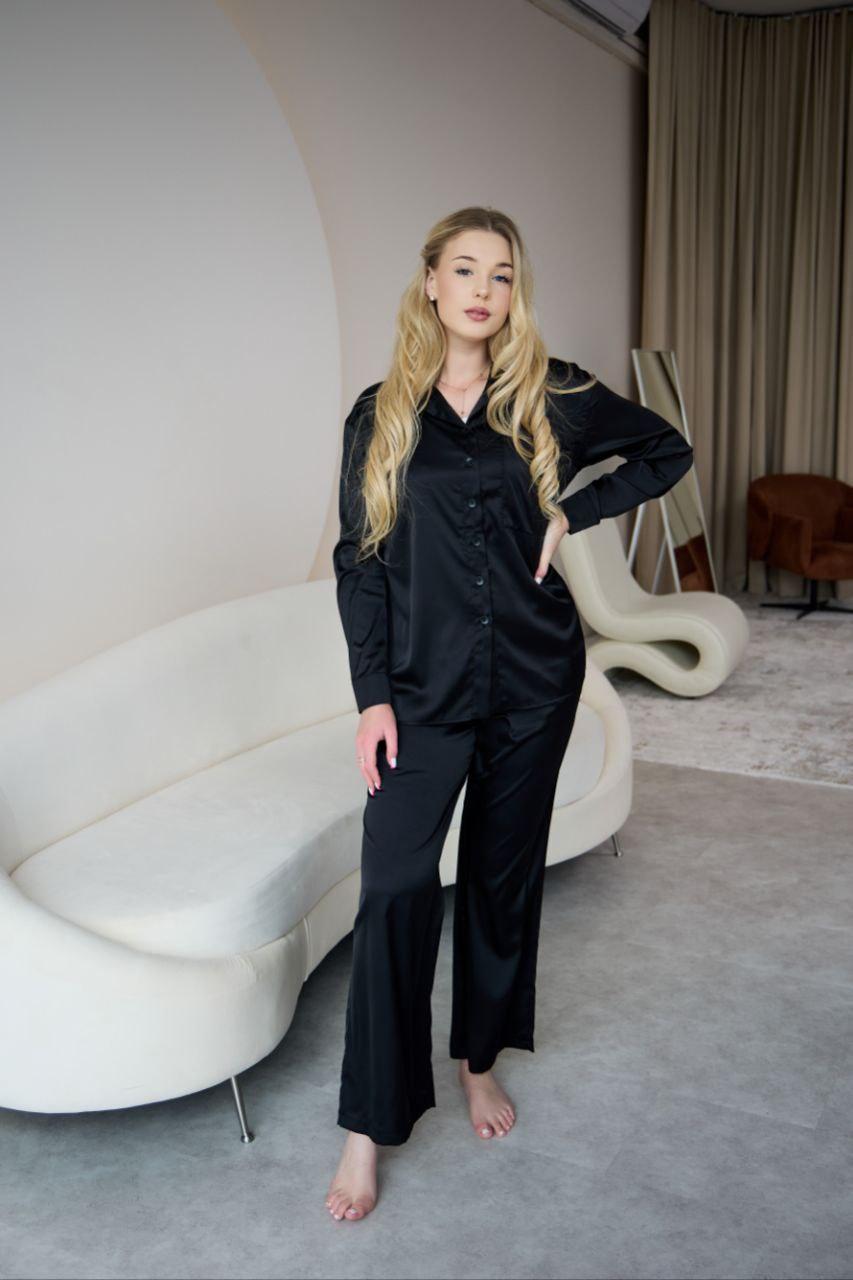 Піжама жіноча ШОВКОВА БРЮКИ ПАЛАЦО ТА СОРОЧКА S-3XL ЧОРНА 915, фото 1