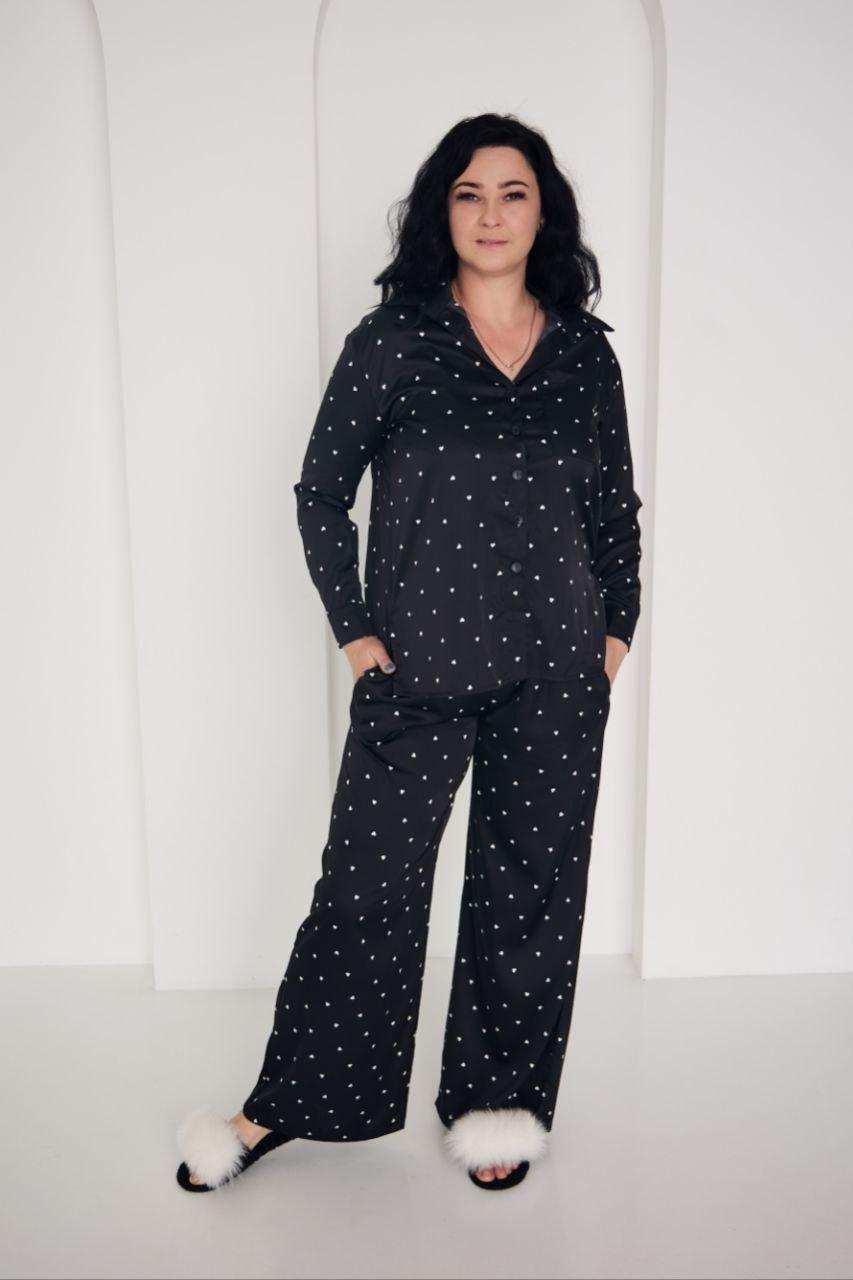 Піжама жіноча ШОВКОВА БРЮКИ ПАЛАЦО ТА СОРОЧКА S-3XL ЧОРНА БІЛІ СЕРЦЯ 915, фото 1