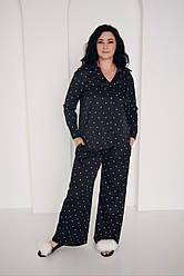 Піжама жіноча ШОВКОВА БРЮКИ ПАЛАЦО ТА СОРОЧКА S-3XL ЧОРНА БІЛІ СЕРЦЯ 915