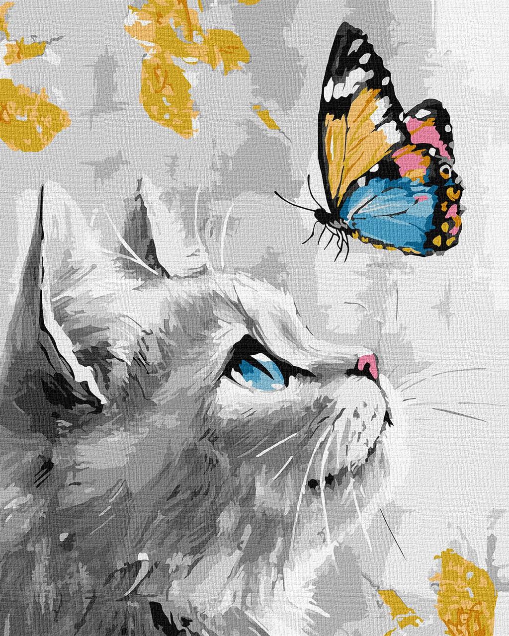 Картина за номерами Тварини. Кошеня з метеликом з фарбами металік 40*50 см Ідейка KHO 6680, фото 1
