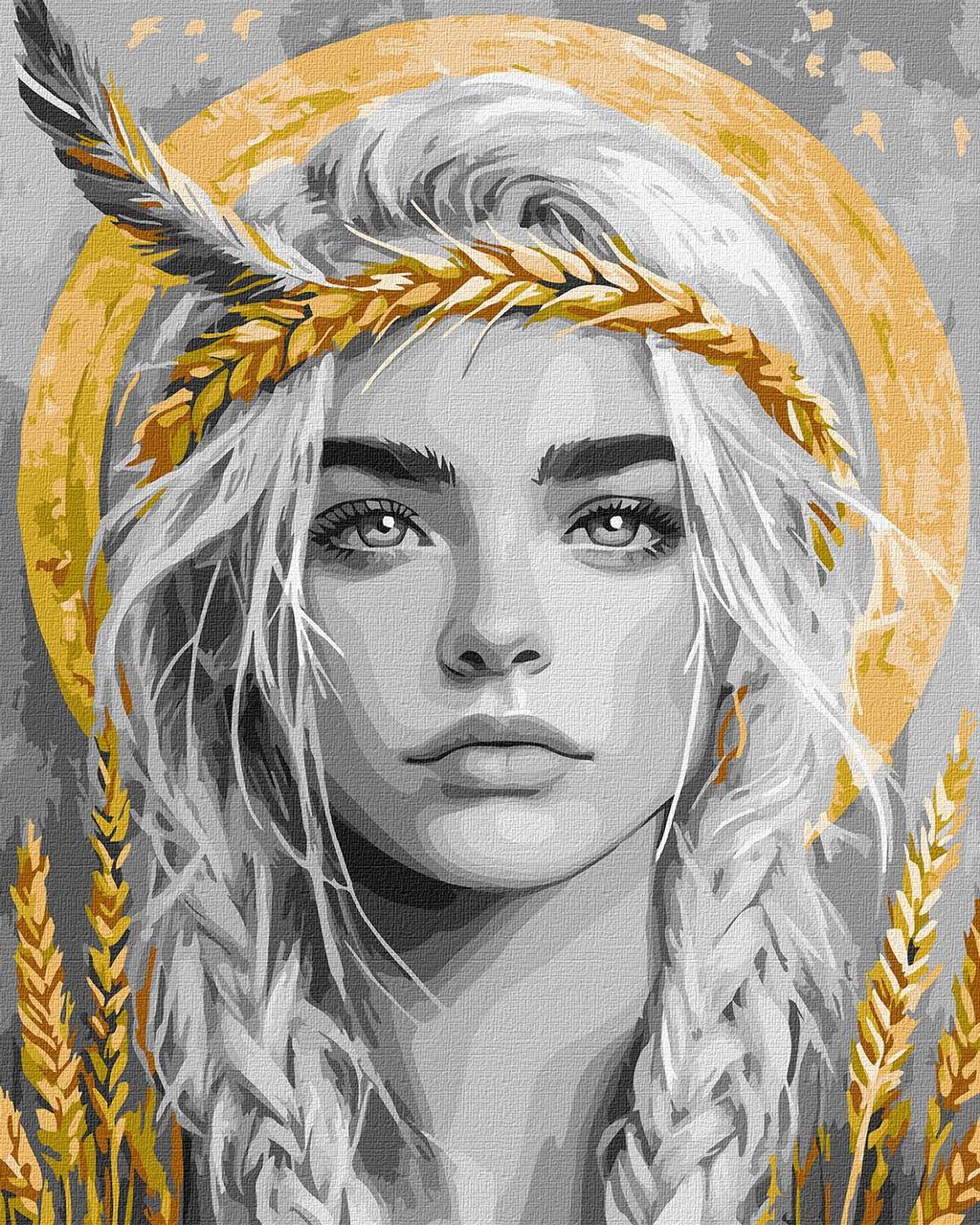 Картина за номерами Люди. Дівчина з колосками у волоссі з фарбами металік 40*50 см Ідейка KHO 8558, фото 1