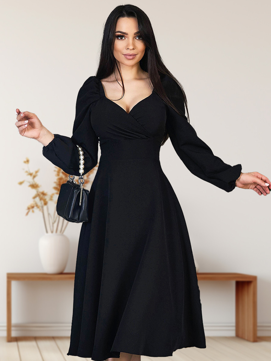 Вишукане елегантне вечірнє плаття-міді з довгим рукавом, чорне, фото 1