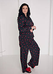 Піжама жіноча ШОВКОВА БРЮКИ ПАЛАЦО ТА СОРОЧКА S-3XL ЧОРНА ЧЕРВОНІ СЕРЦЯ 915