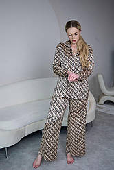 Піжама жіноча ШОВКОВА БРЮКИ ПАЛАЦО ТА СОРОЧКА S-3XL КАПУЧІНО FENDі 915