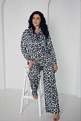 Піжама жіноча ШОВКОВА БРЮКИ ПАЛАЦО ТА СОРОЧКА S-3XL ЛЕОПАРД СІРИЙ/СИНІЙ 915
