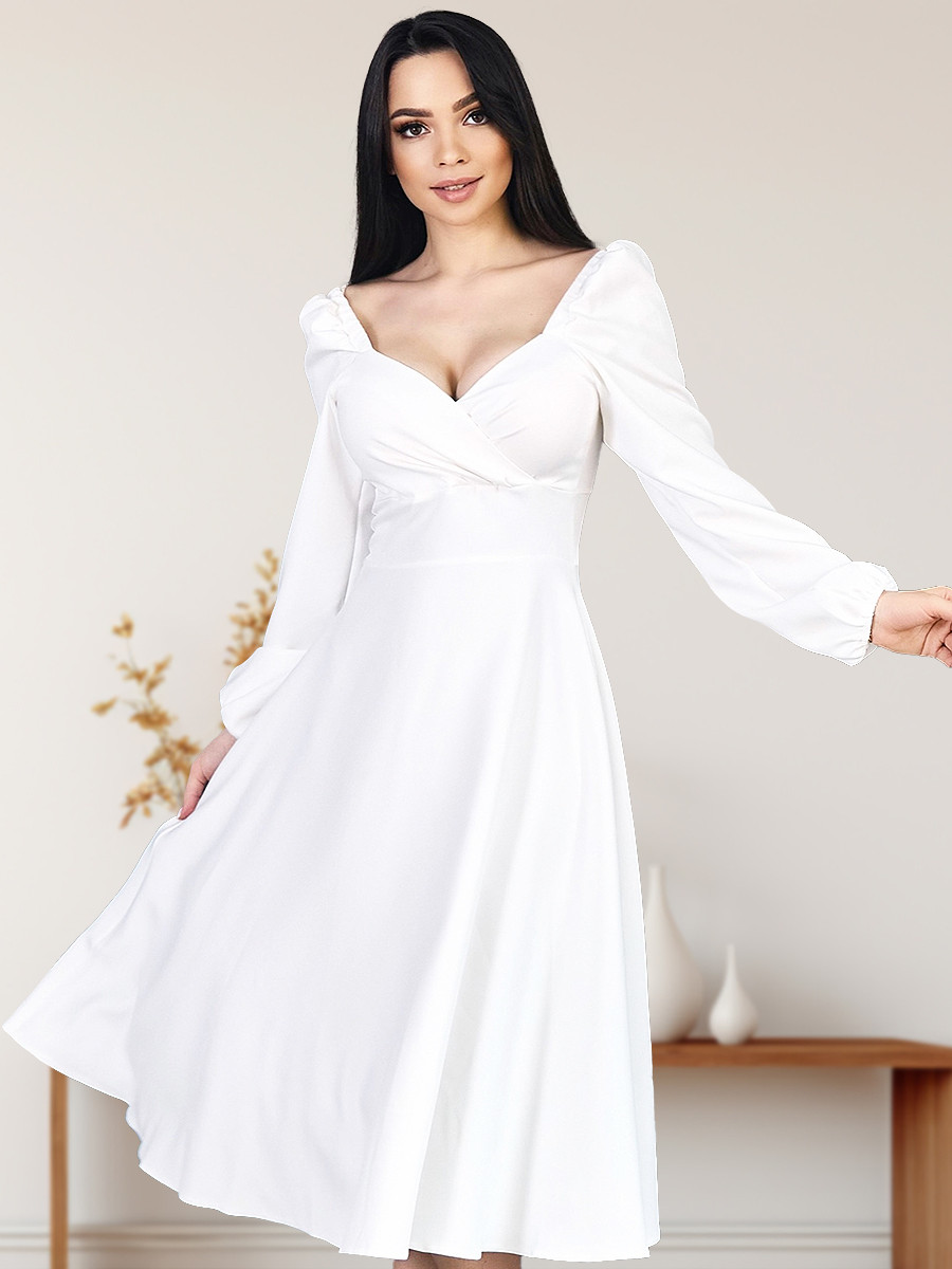 Вишукане елегантне вечірнє плаття-міді з довгим рукавом, молочно-біле, фото 1