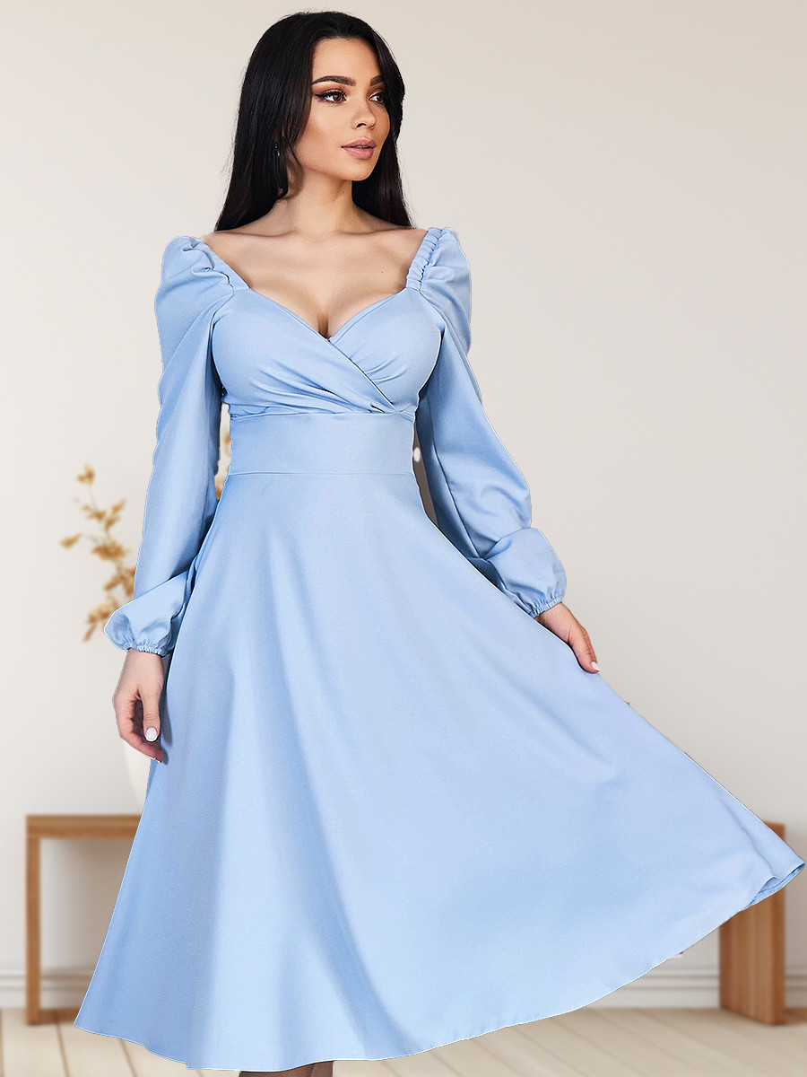 Вишукане елегантне вечірнє плаття-міді з довгим рукавом, блакитне, фото 1
