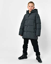 Класичний графітовий теплий фірмовий пуховик для хлопчиків, підлітків на біо пуху