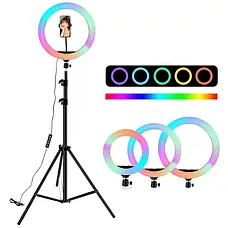 Лед-лампа кільцева для студійного освітлення Ring RGB MJ 33 33см з пультом і штативом для фото і відео, фото 3