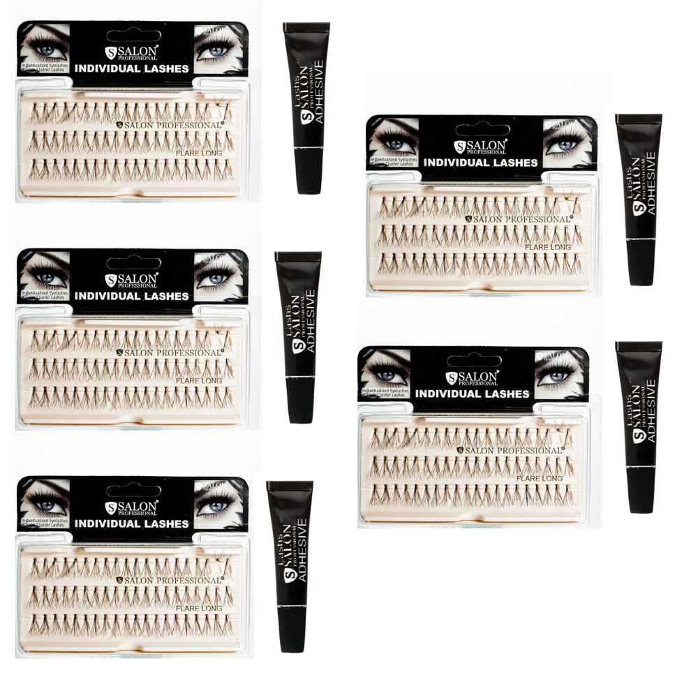 Набір для нарощування вій Salon Professional 3 пучки Long Flare Lashes 5 уп. + Чорний клей 5 уп.