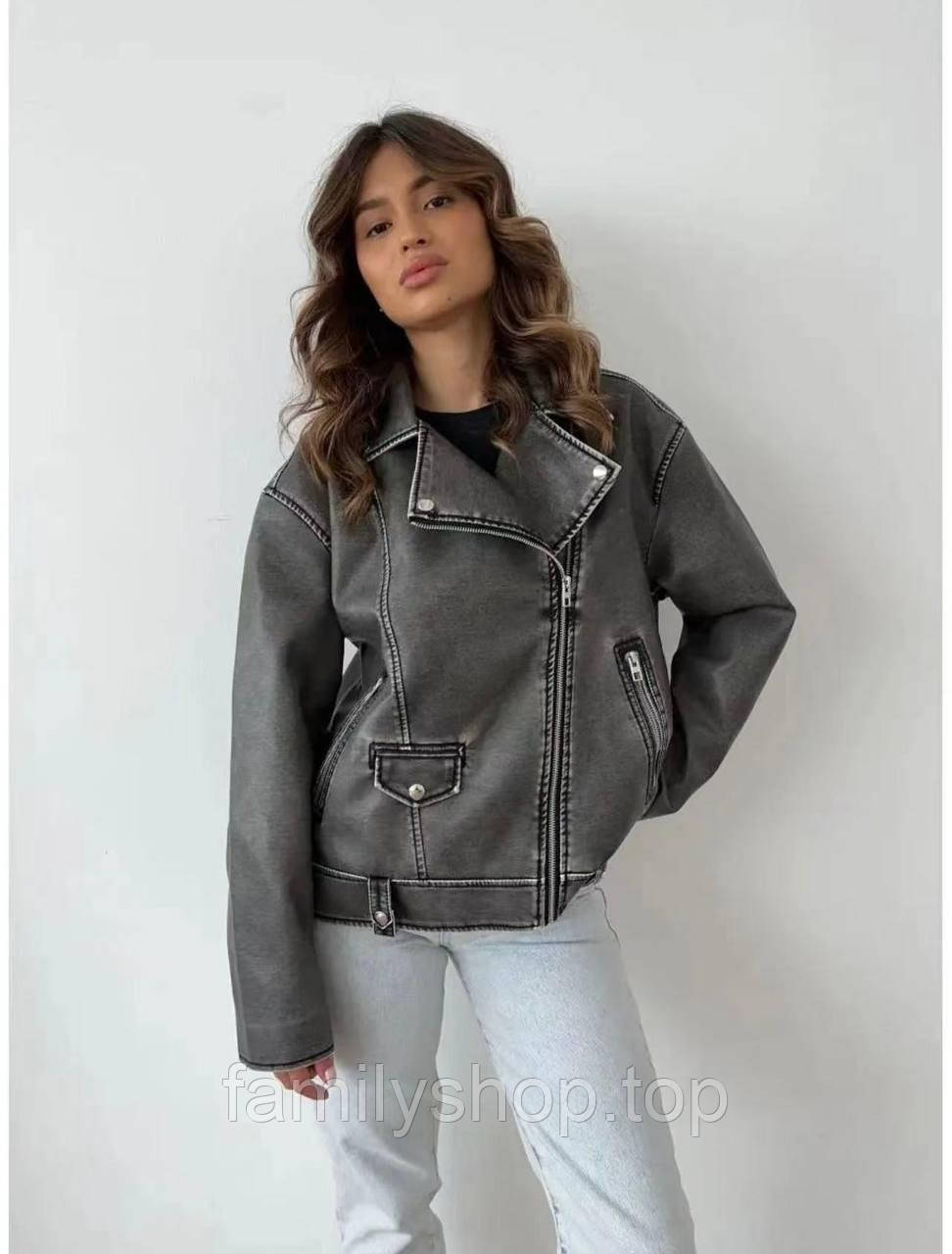 Жіноча трендова куртка косуха з потертостями екокожу, сіра, розмір S, M, L, фото 1