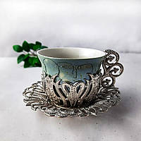 Набір турецьких чашок на 6 персон для кави по-східному керамічні 50 мл з блюдцями і підставками Сріблясто мармуровий