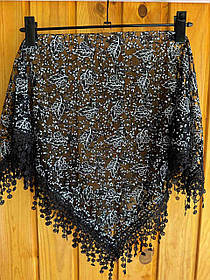 Жіноча хустка в церкву на голову гарна мереживна з бахромою Листочок Чорний