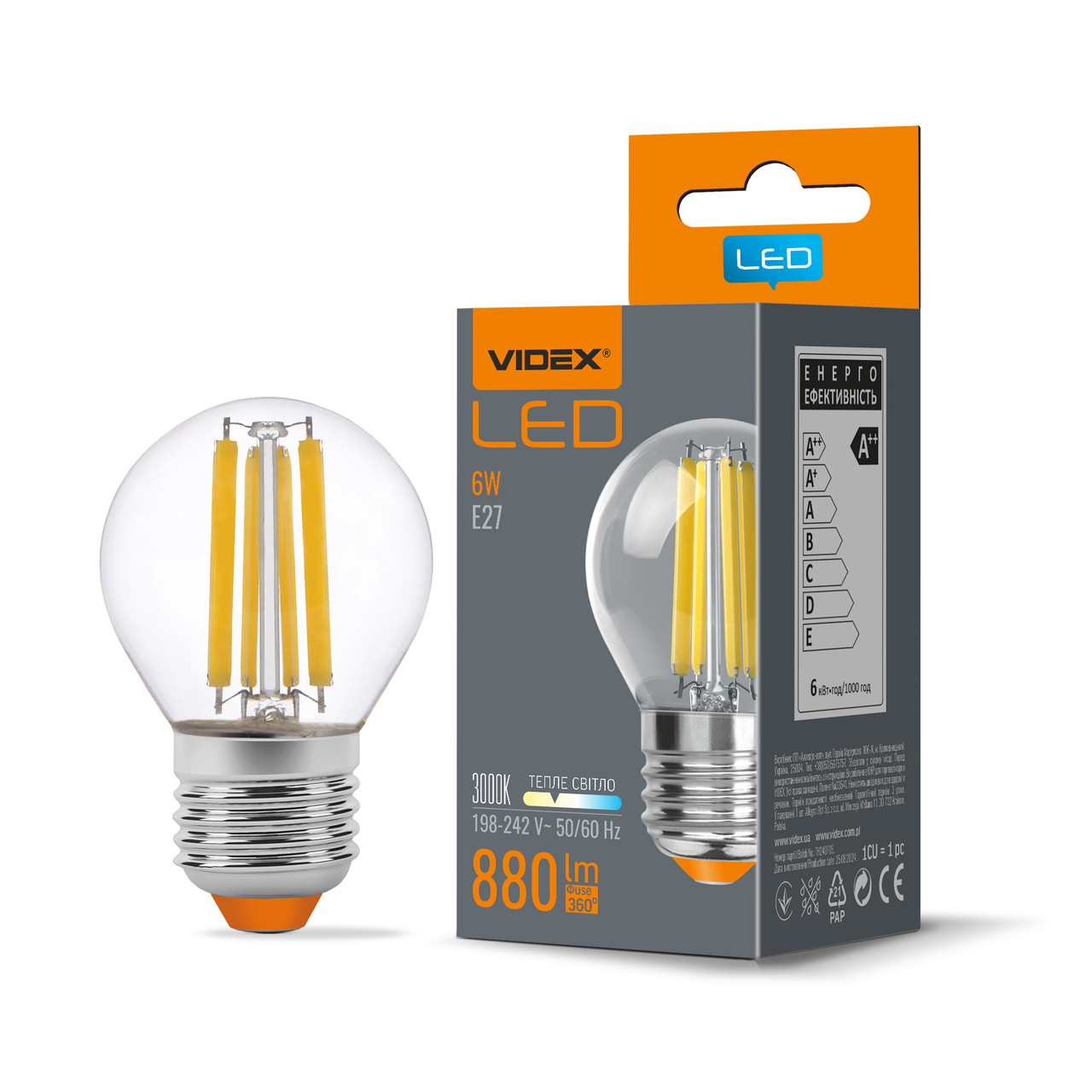LED лампа VIDEX Filament G45F 6W E27 3000K, фото 1