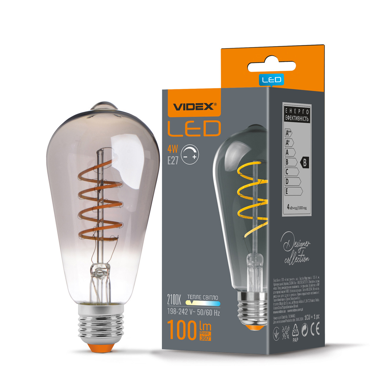 LED лампа VIDEX Filament ST64FGD 4W E27 2100K дімерна графіт, фото 1