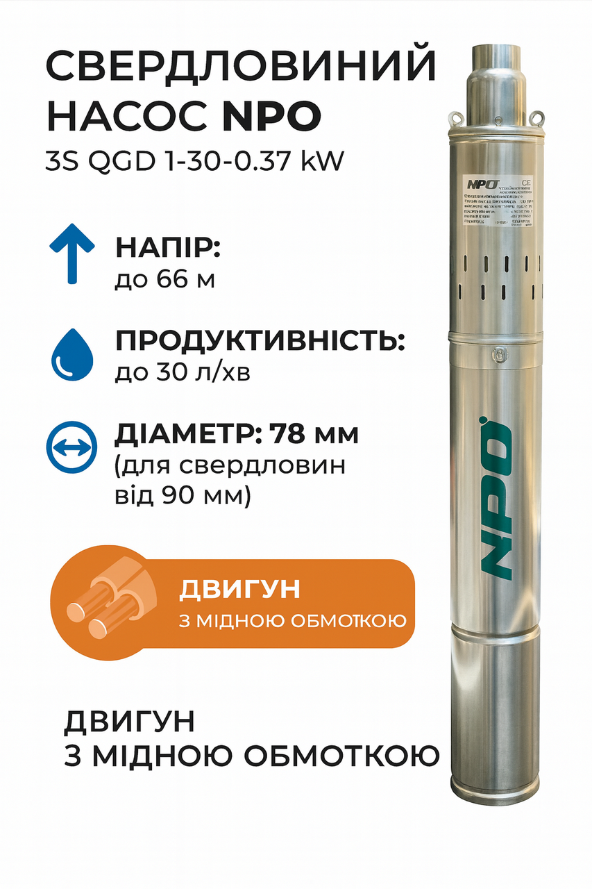 Насос для свердловини шнековий NPO 3S QGD 1-30-0.37 kW (Ø78мм). 1,8 м3/год., 66 м, фото 1