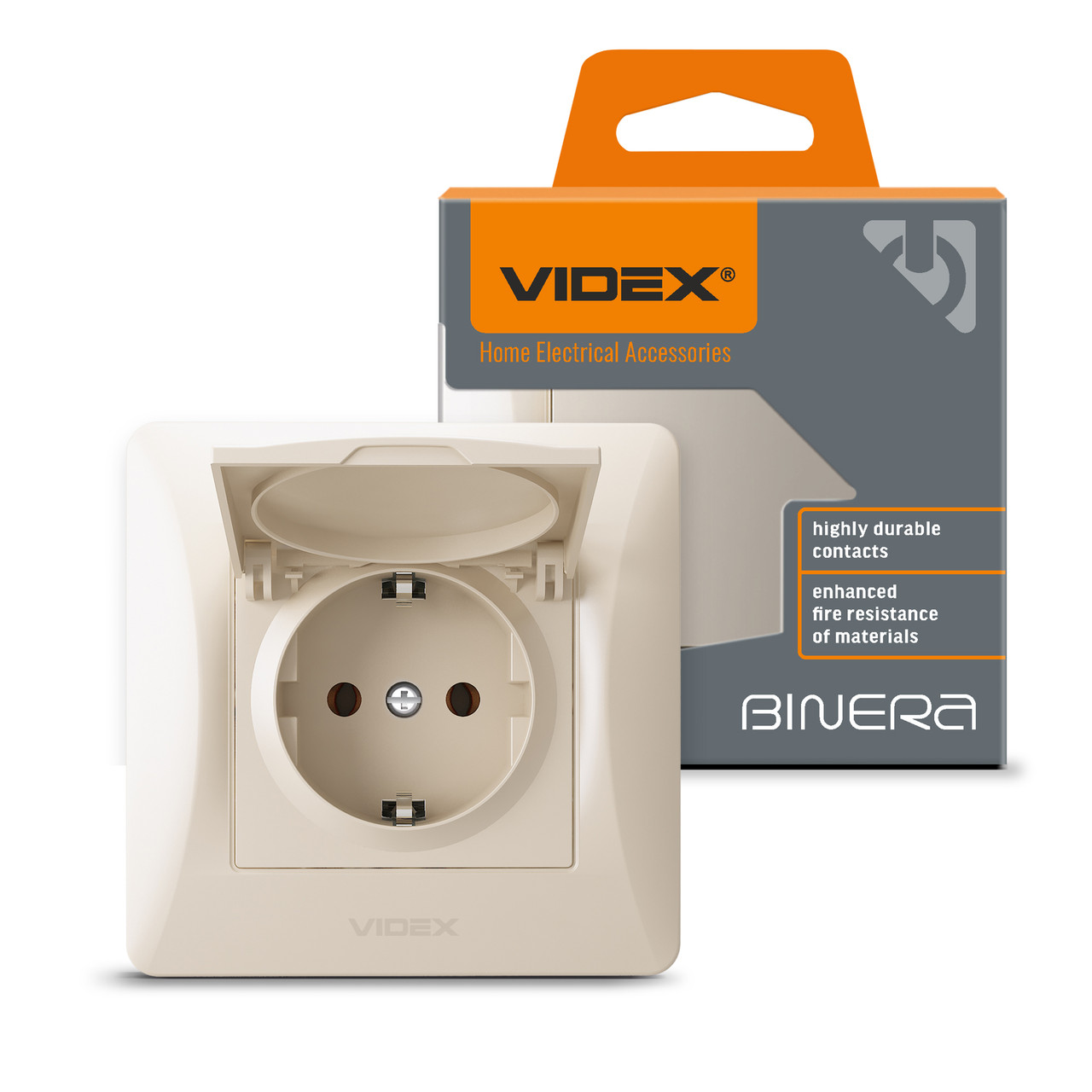 Розетка одинарна із заземленням та кришкою кремова VIDEX BINERA, фото 1