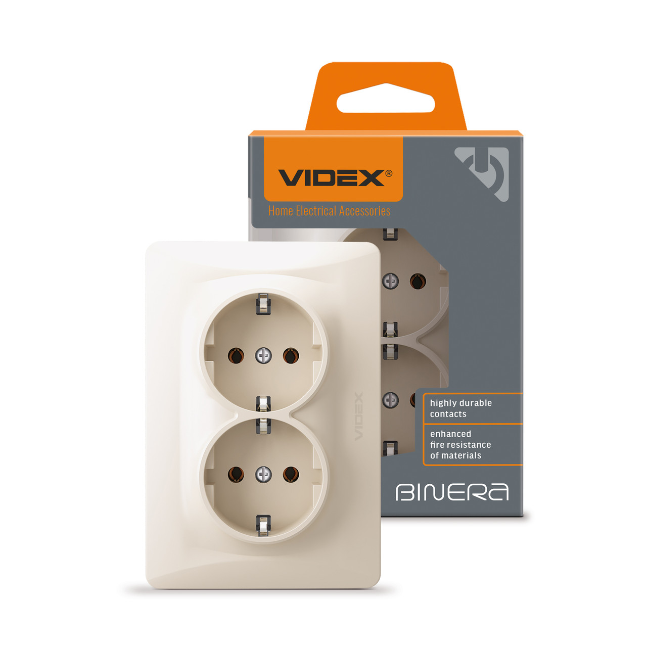 Розетка подвійна із заземленням кремова VIDEX BINERA, фото 1