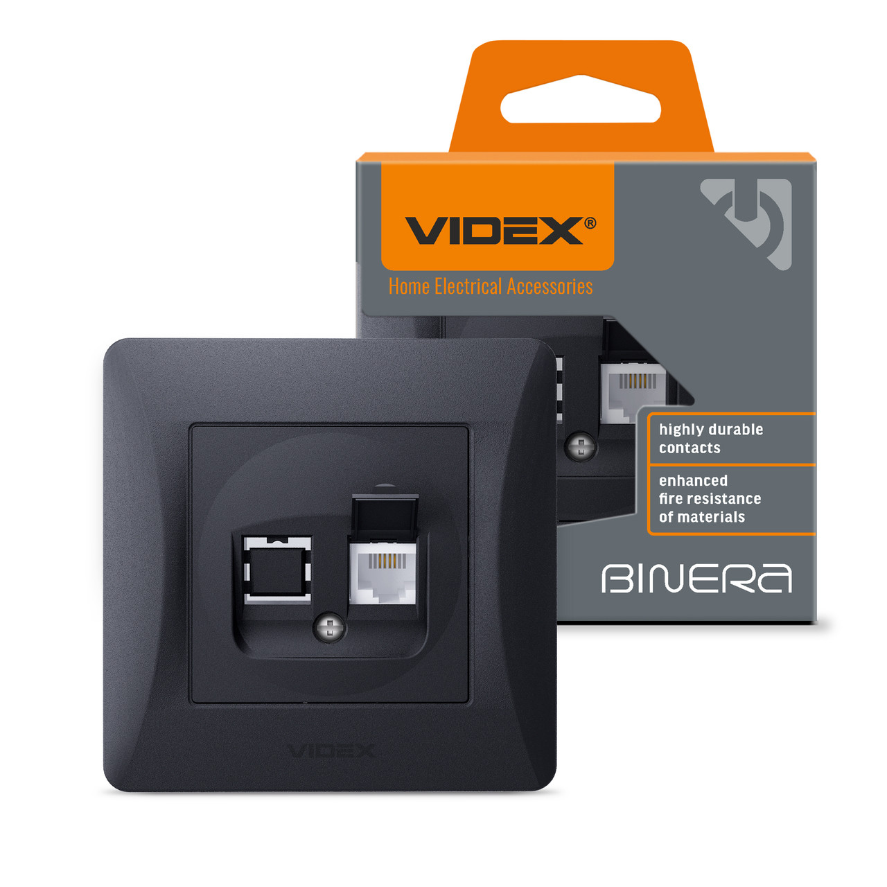 Розетка CAT3 одинарна телефонна чорний графіт VIDEX BINERA, фото 1