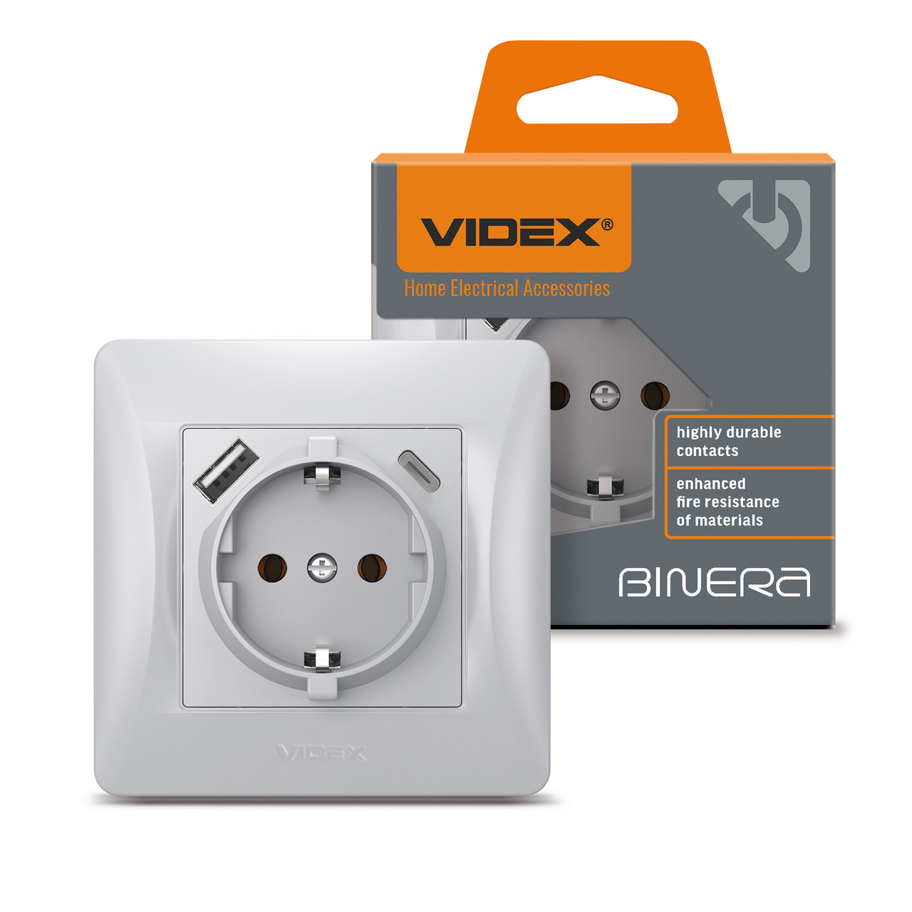 Розетка одинарна із заземленням з USB+USB-C срібний шовк VIDEX BINERA, фото 1