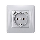 Розетка одинарна із заземленням з USB+USB-C срібний шовк VIDEX BINERA, фото 2