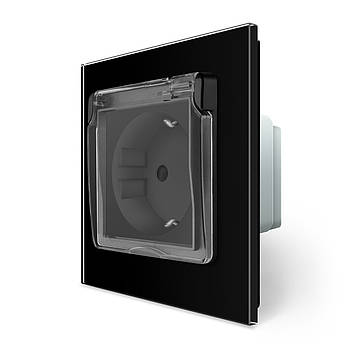Розетка вологозахищена Livolo чорна скляна для ванної кімнати із захисними шторками та заземленням