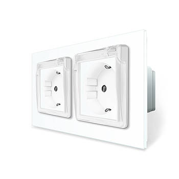 Розетка подвійна вологозахищена з кришкою Livolo для ванної кімнати біле скло із захисними шторками