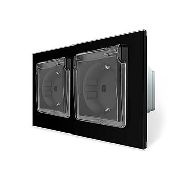 Розетка подвійна вологозахищена з кришкою Livolo чорне скло для дому та вулиці із захисними шторками та заземленням