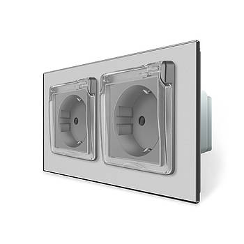 Розетка подвійна вологозахищена з кришкою Livolo для встановлення у ванній кімнаті сірий колір із захисними шторками