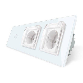 Сенсорний вимикач розетка подвійна вологозахищена з кришкою Livolo для ванної кімнати білий скло