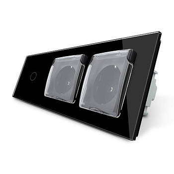 Сенсорний вимикач подвійна вологозахищена розетка з кришкою для дому та офісу чорне скло 16 А IP44
