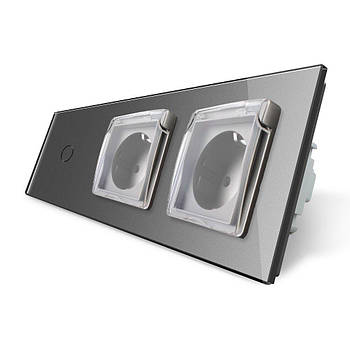 Сенсорний вимикач розетка вологозахищена подвійна з кришкою для дому та вулиці сірий скло IP44 16 А