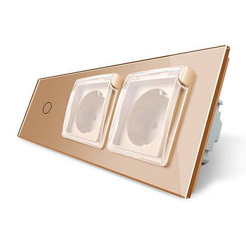 Сенсорний вимикач подвійна вологозахищена розетка Livolo золото для дому та офісу із захисними шторками та заземленням