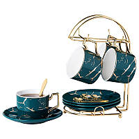 Чайный подарочный сервиз Lesko Мраморная роскошь Green с подставкой набор для чаепития 1шт