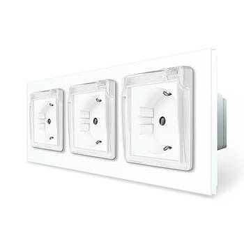 Розетка потрійна вологозахищена з кришкою Livolo біле скло для ванної кімнати із заземленням та захисними шторками