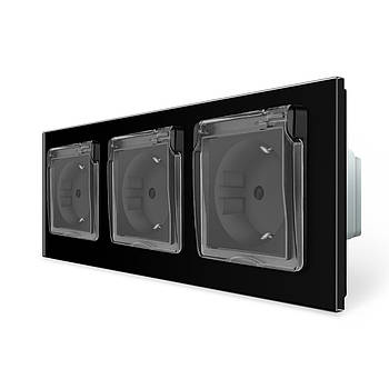 Розетка потрійна вологозахищена з кришкою Livolo чорне скло для установки в приміщенні та на вулиці із захисними шторками